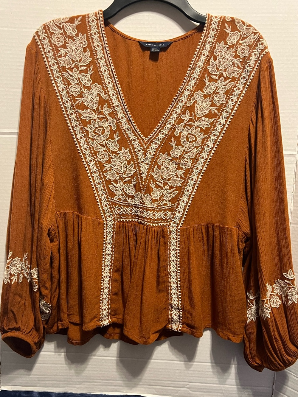American Eagle Outfitters Rust V-Neck Embroidered Peasant Tunic Size Medium